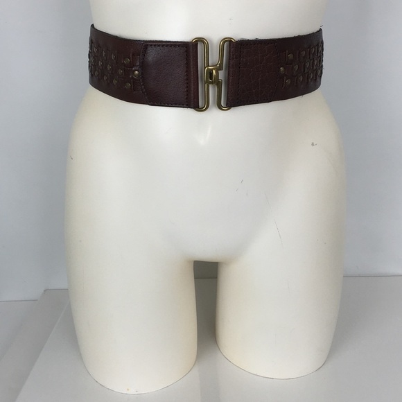 Wide Boho Woven Leather Stretchy Belt Brown with Brass Studs Women’s Size L/XL main image 8